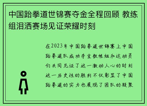 中国跆拳道世锦赛夺金全程回顾 教练组泪洒赛场见证荣耀时刻