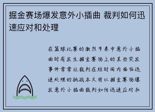 掘金赛场爆发意外小插曲 裁判如何迅速应对和处理